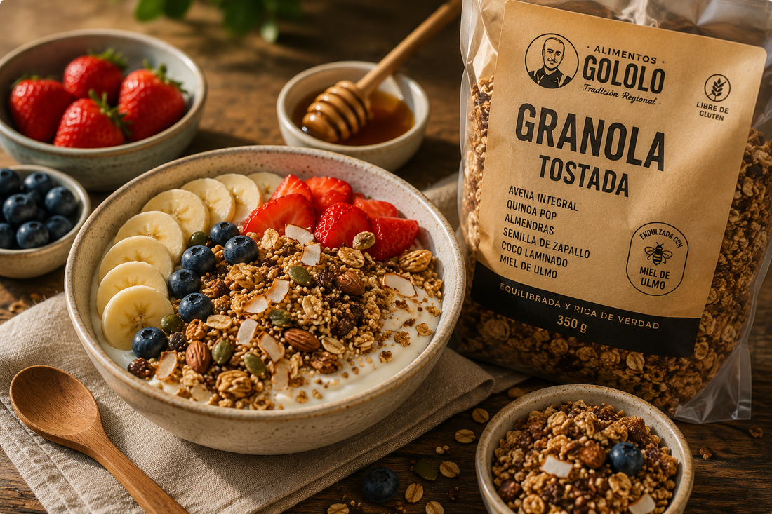 Bowl de granola, yogurt y fruta de estación